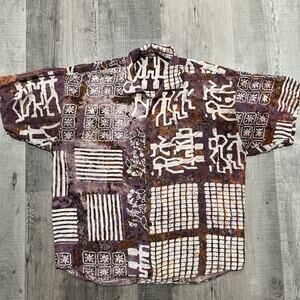 VTG Exotic Indonesian Batik Abstract Purple Rayon 70s/80s Mens Button Shirt